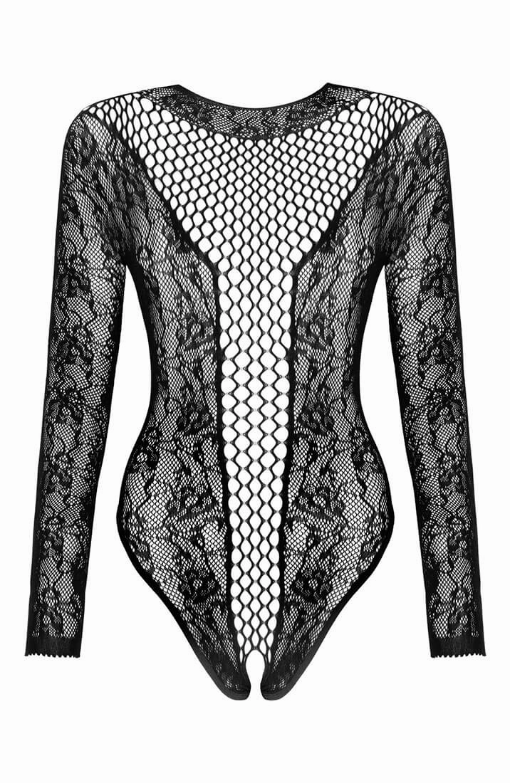 Black crotchless dual net lingerie bodysuit
