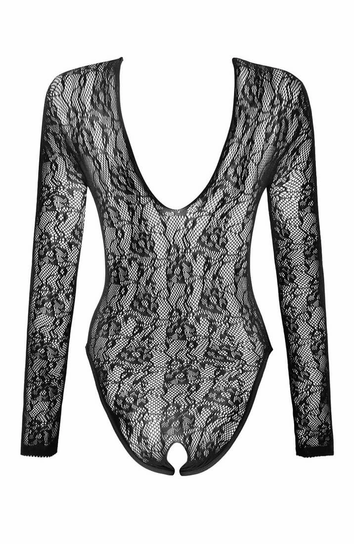 Black crotchless dual net lingerie bodysuit