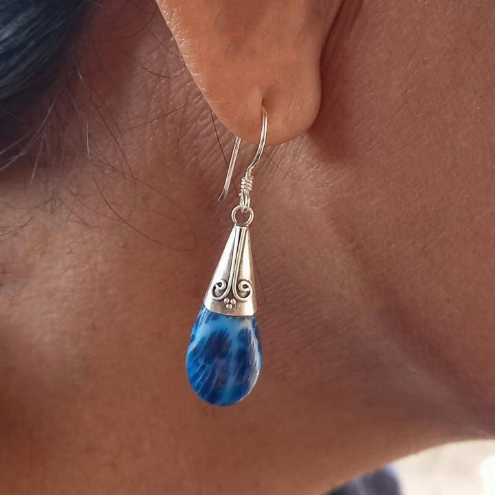 Blue Coral Filigree Earrings - Sterling Silver, Indonesia