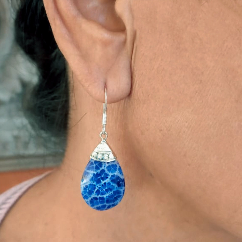 Blue Coral Teardrop Earrings - Sterling Silver, Indonesia
