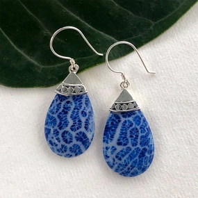 Blue Coral Teardrop Earrings - Sterling Silver, Indonesia
