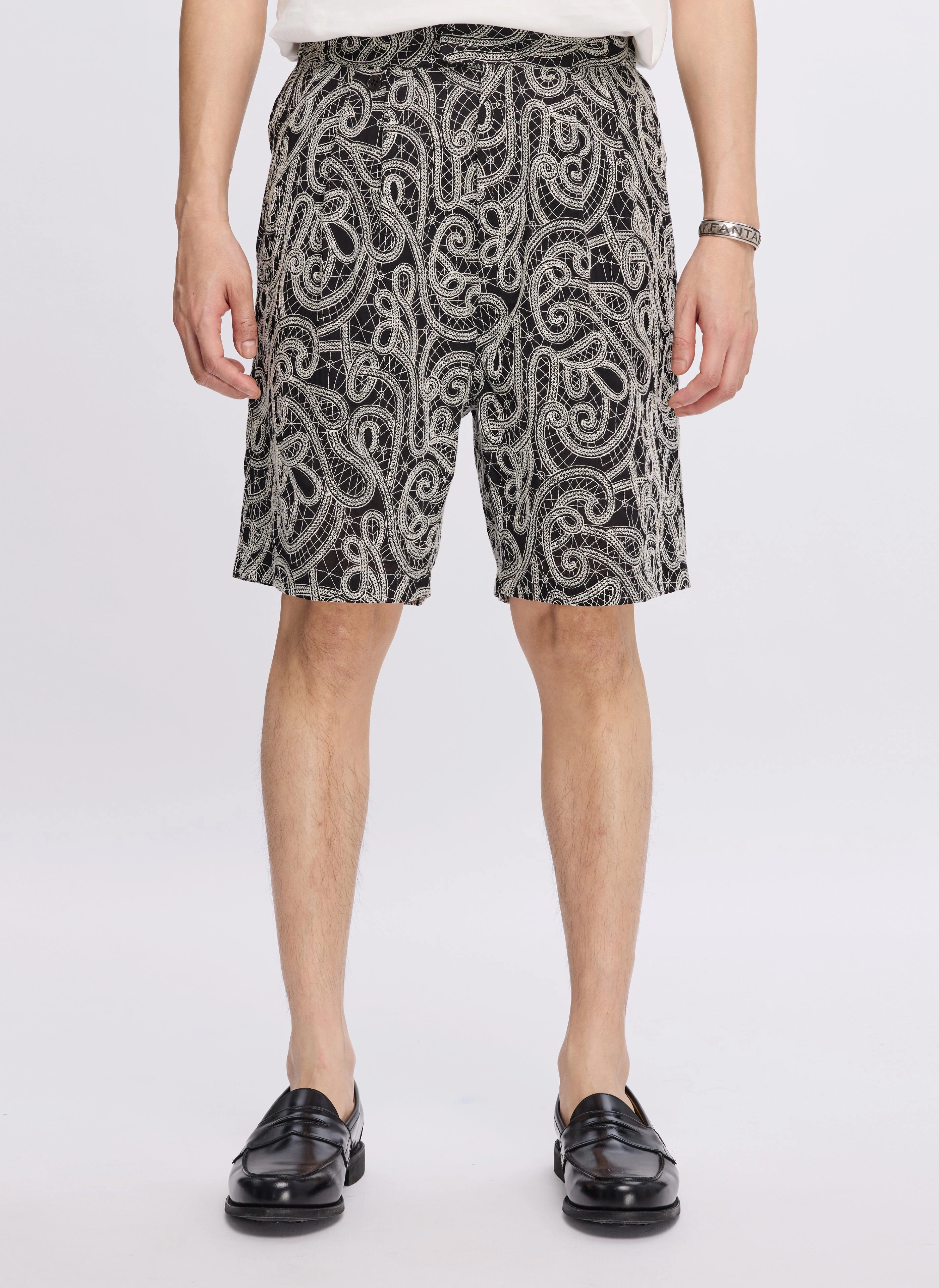 Cotton Embroidery Paisley Double Pleats Shorts