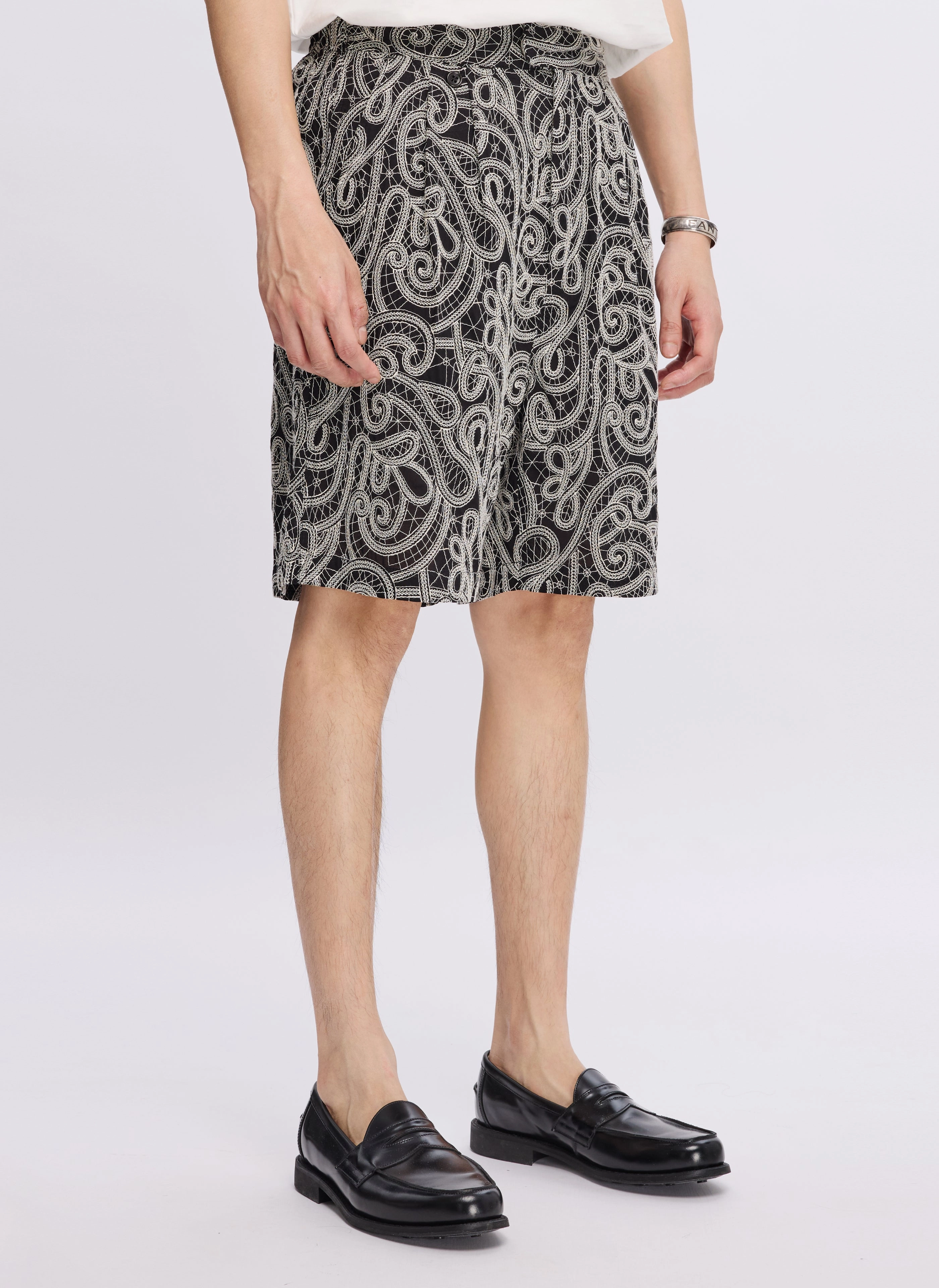 Cotton Embroidery Paisley Double Pleats Shorts
