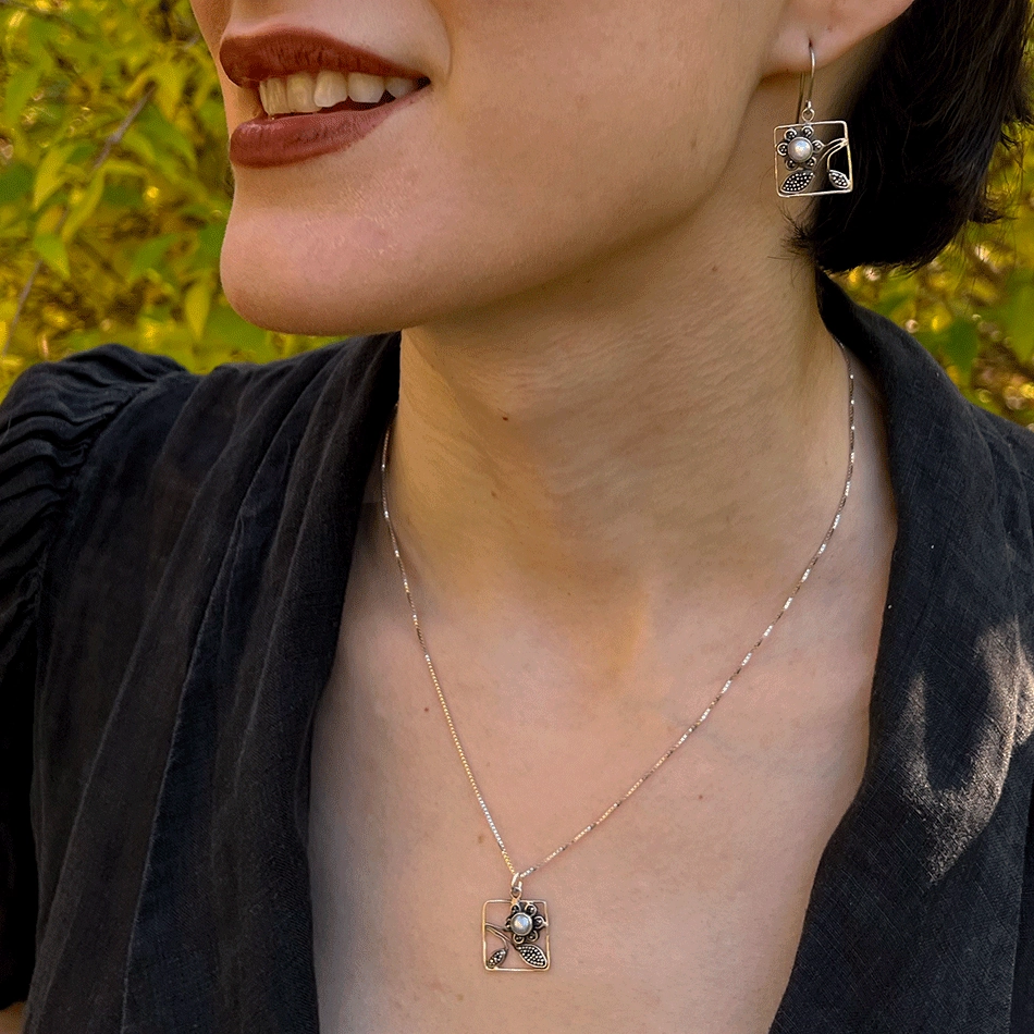 Flower Box Pearl Necklace - Sterling Silver, Indonesia