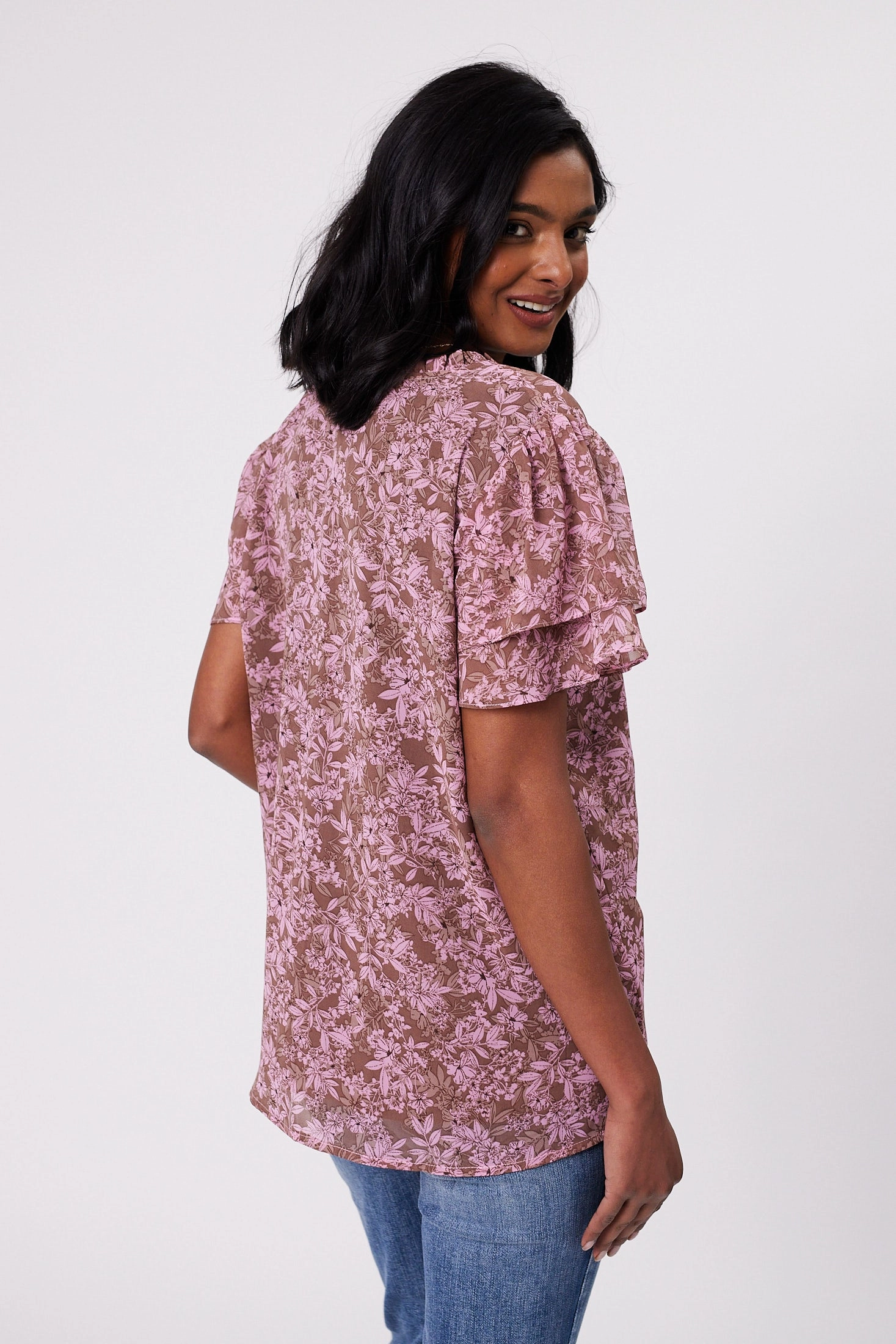Gloss by Shine On Ruby Frill Sleeve Top Brown Pink Floral