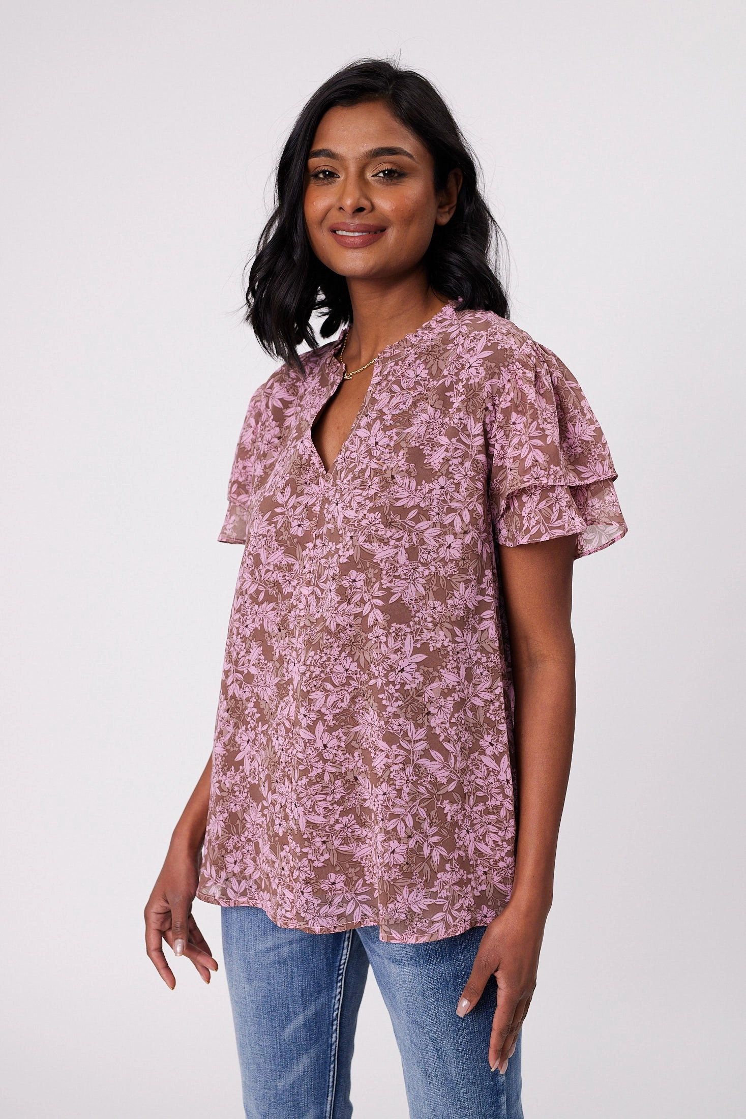 Gloss by Shine On Ruby Frill Sleeve Top Brown Pink Floral