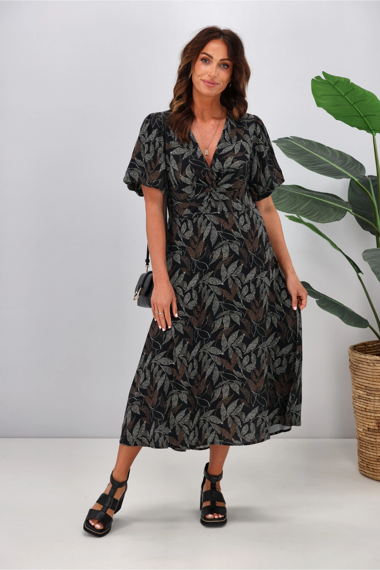 Gloss by Shine On Thora Knot Front Dress Black Leaf Dot Print