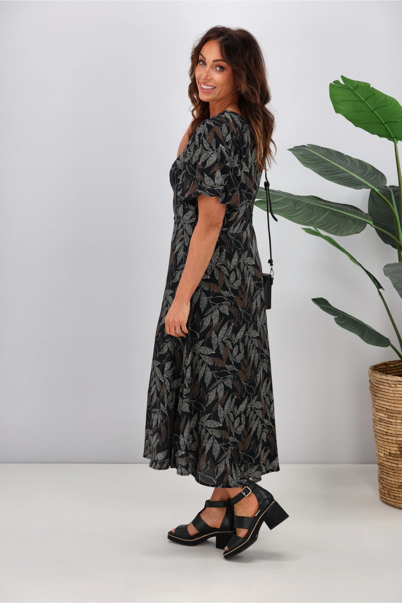 Gloss by Shine On Thora Knot Front Dress Black Leaf Dot Print