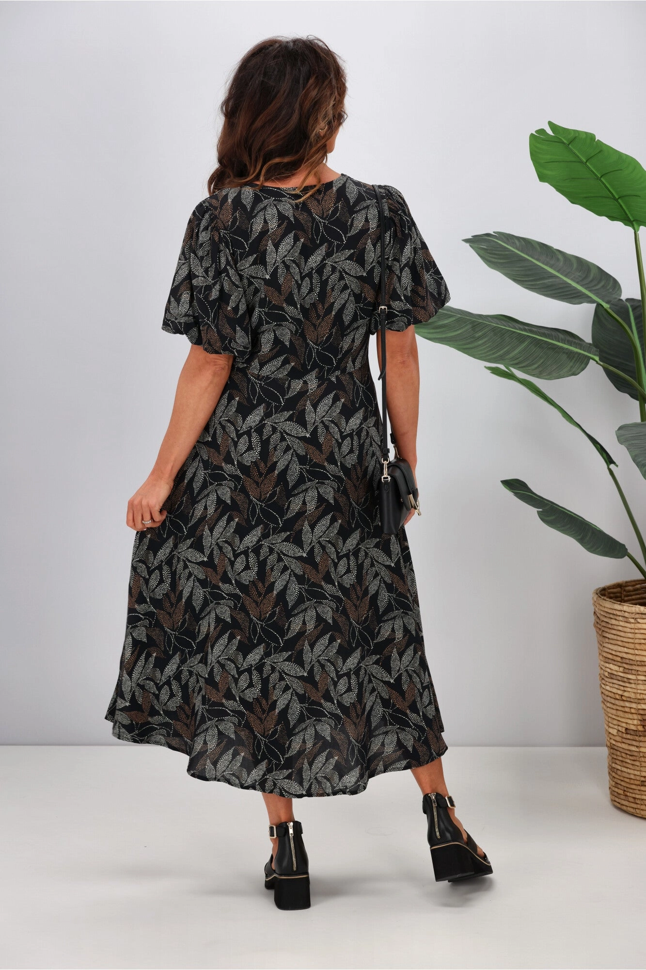 Gloss by Shine On Thora Knot Front Dress Black Leaf Dot Print