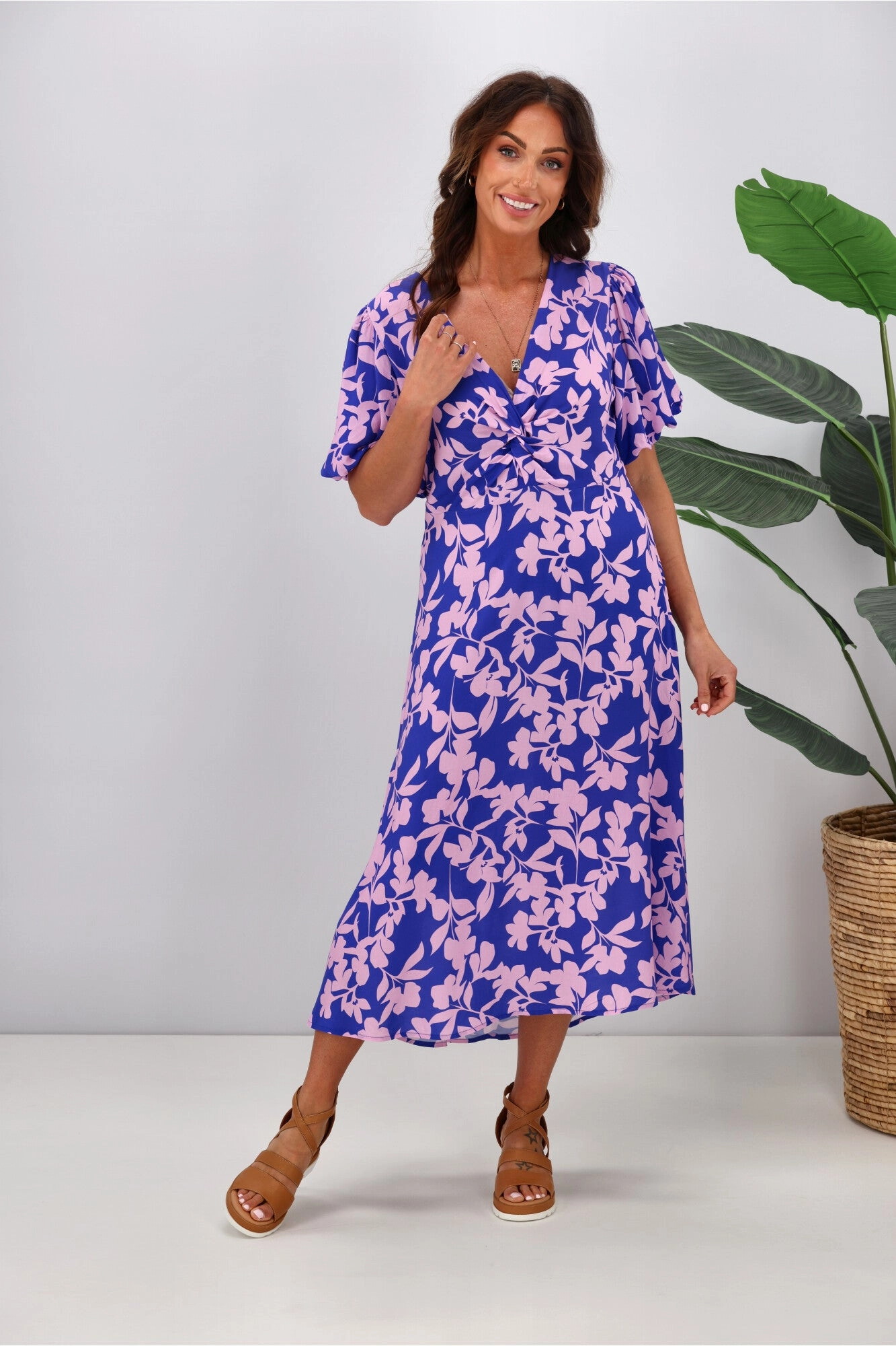 Gloss by Shine On Thora Knot Front Dress Blue Pink Leaf Print