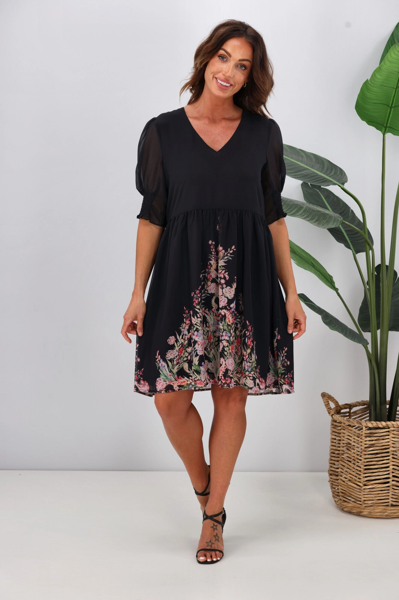 Jane James Juniper Balloon Sleeve Dress Midnight Border Print