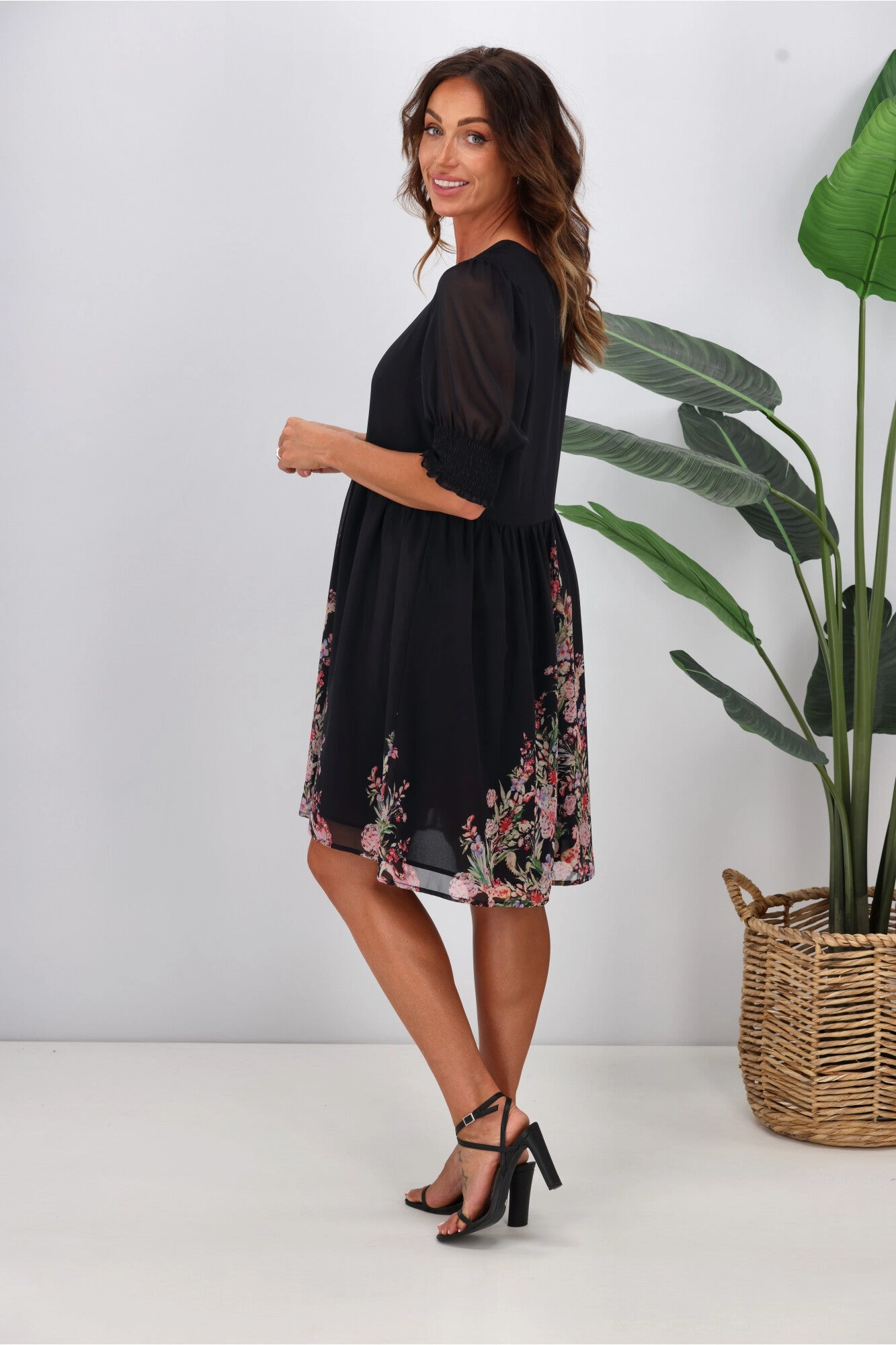 Jane James Juniper Balloon Sleeve Dress Midnight Border Print
