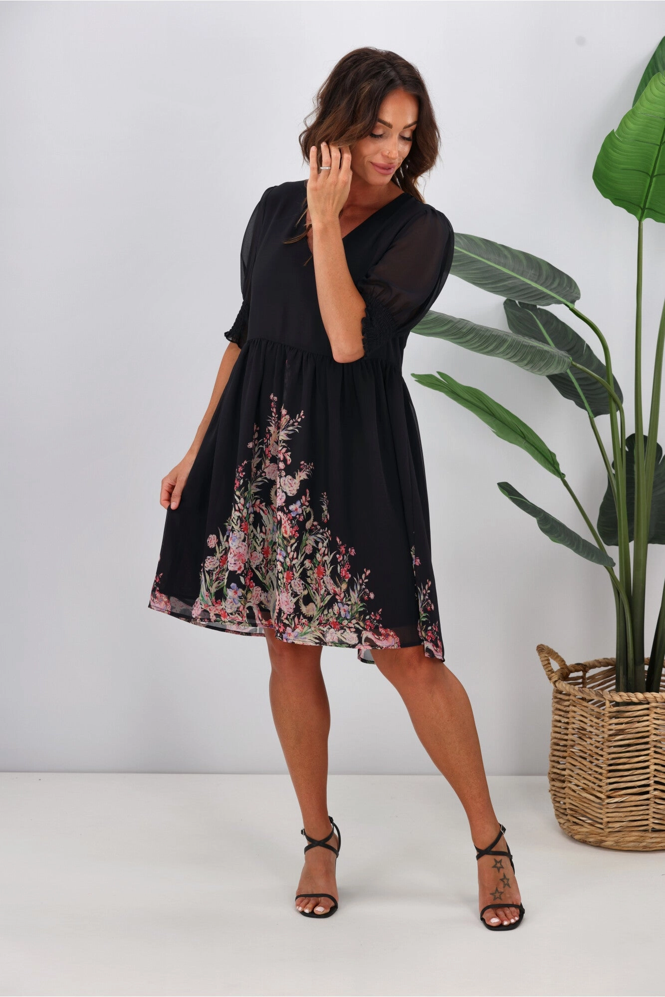 Jane James Juniper Balloon Sleeve Dress Midnight Border Print