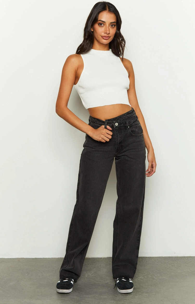 Kansis Washed Black Uneven Waist Jeans