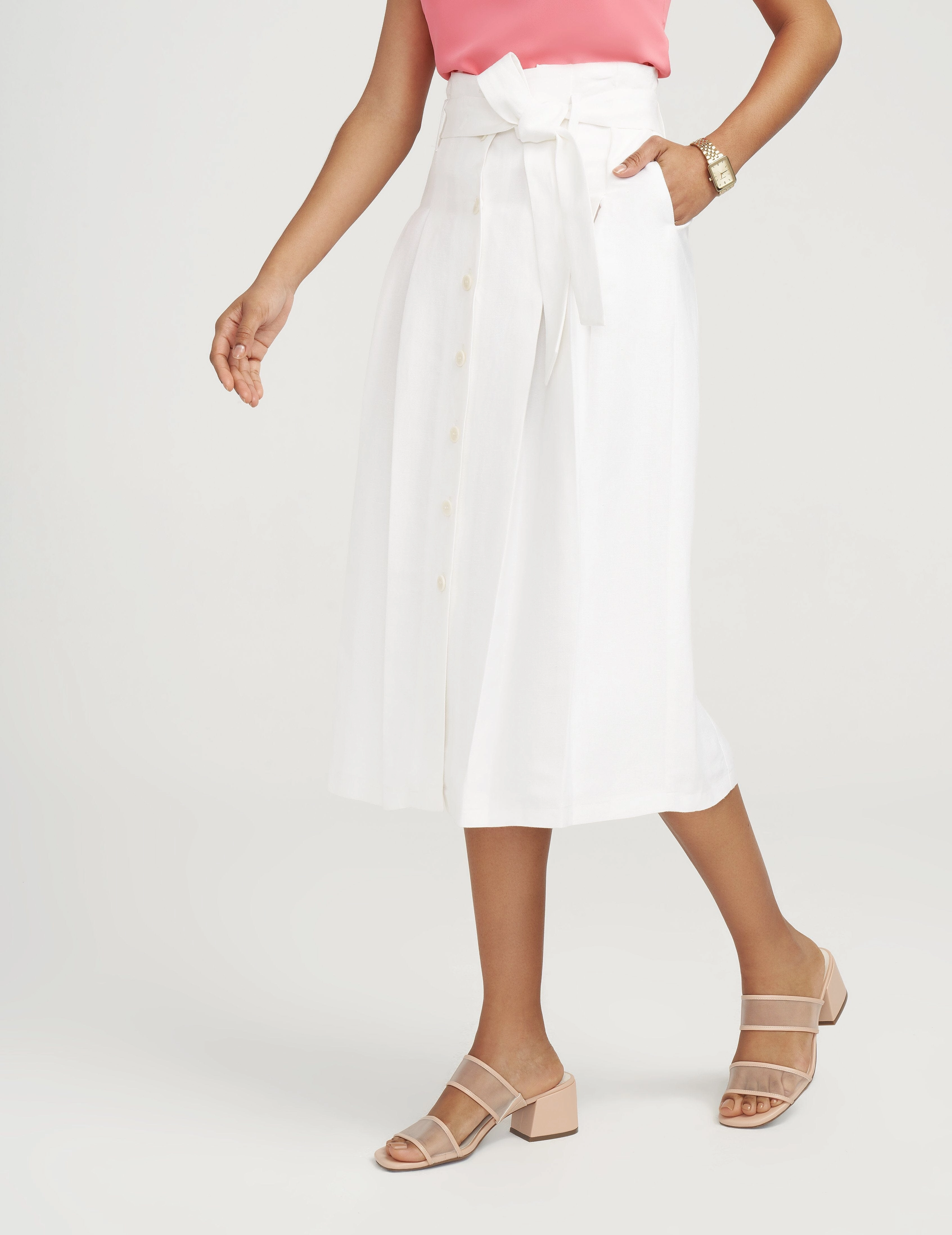 Linen Button Up Belted Midi Skirt- Sale