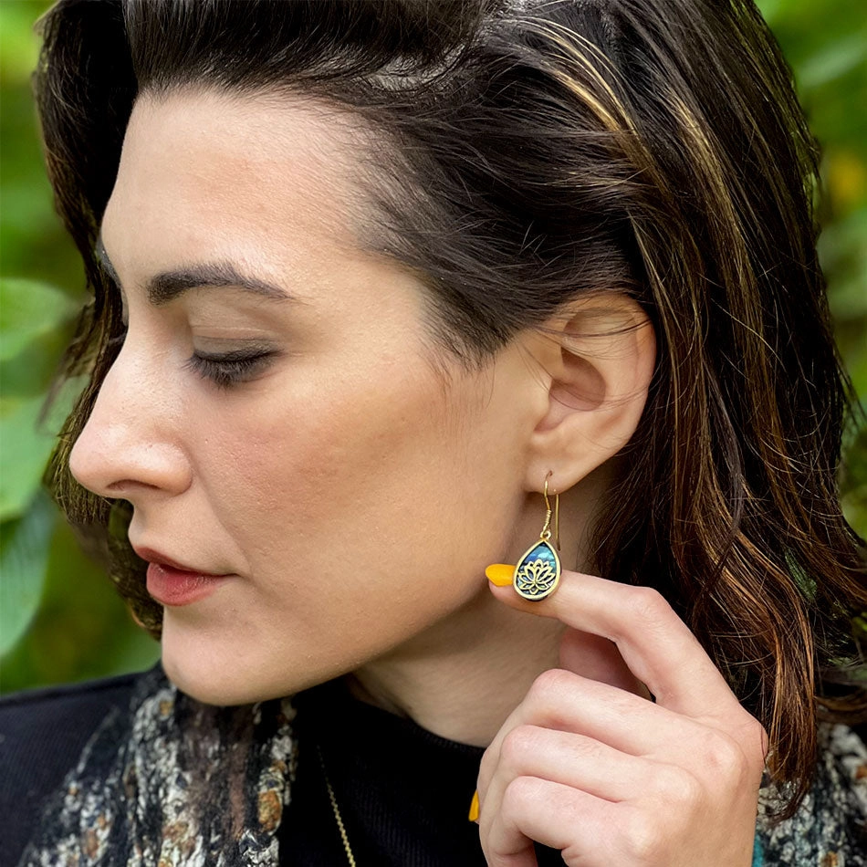 Lotus Abalone Earrings - Brass, Indonesia