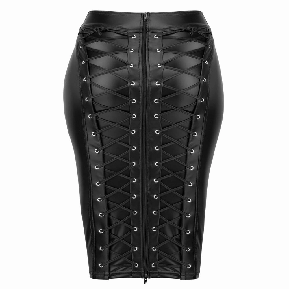 Noir Handmade Powerwetlook Zip-Up Corset Lacing Pencil Skirt - Curvy