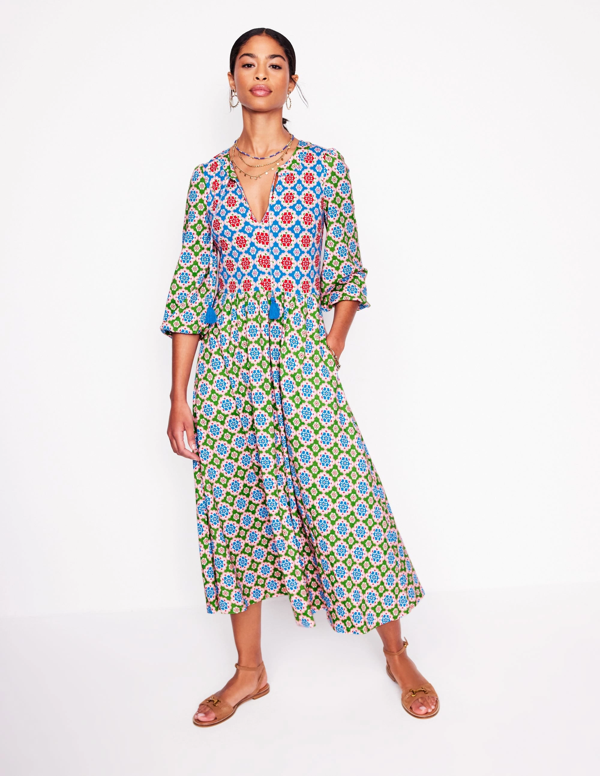 Notch Neck Midi Dress-Multi. Bloom Geo