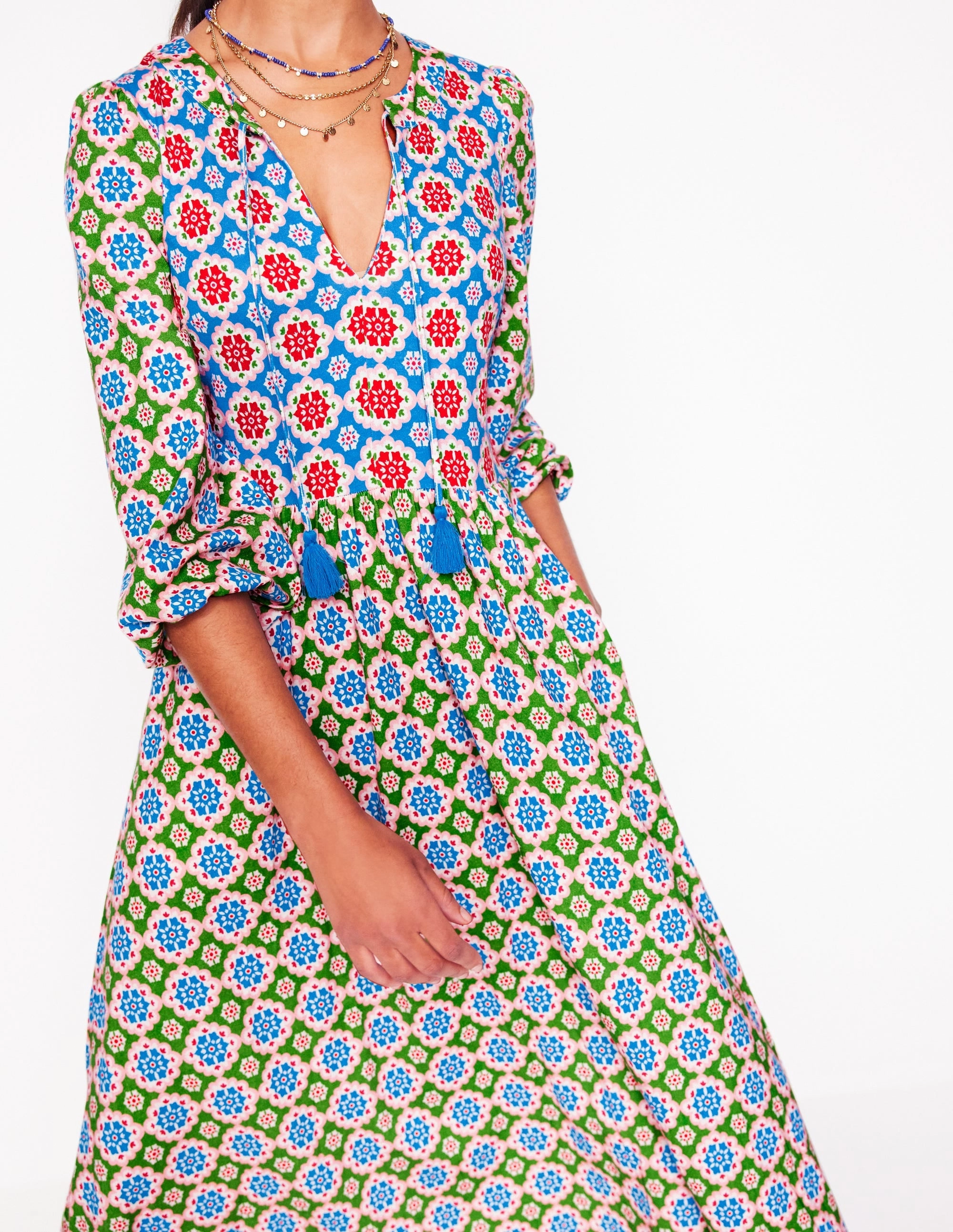 Notch Neck Midi Dress-Multi. Bloom Geo