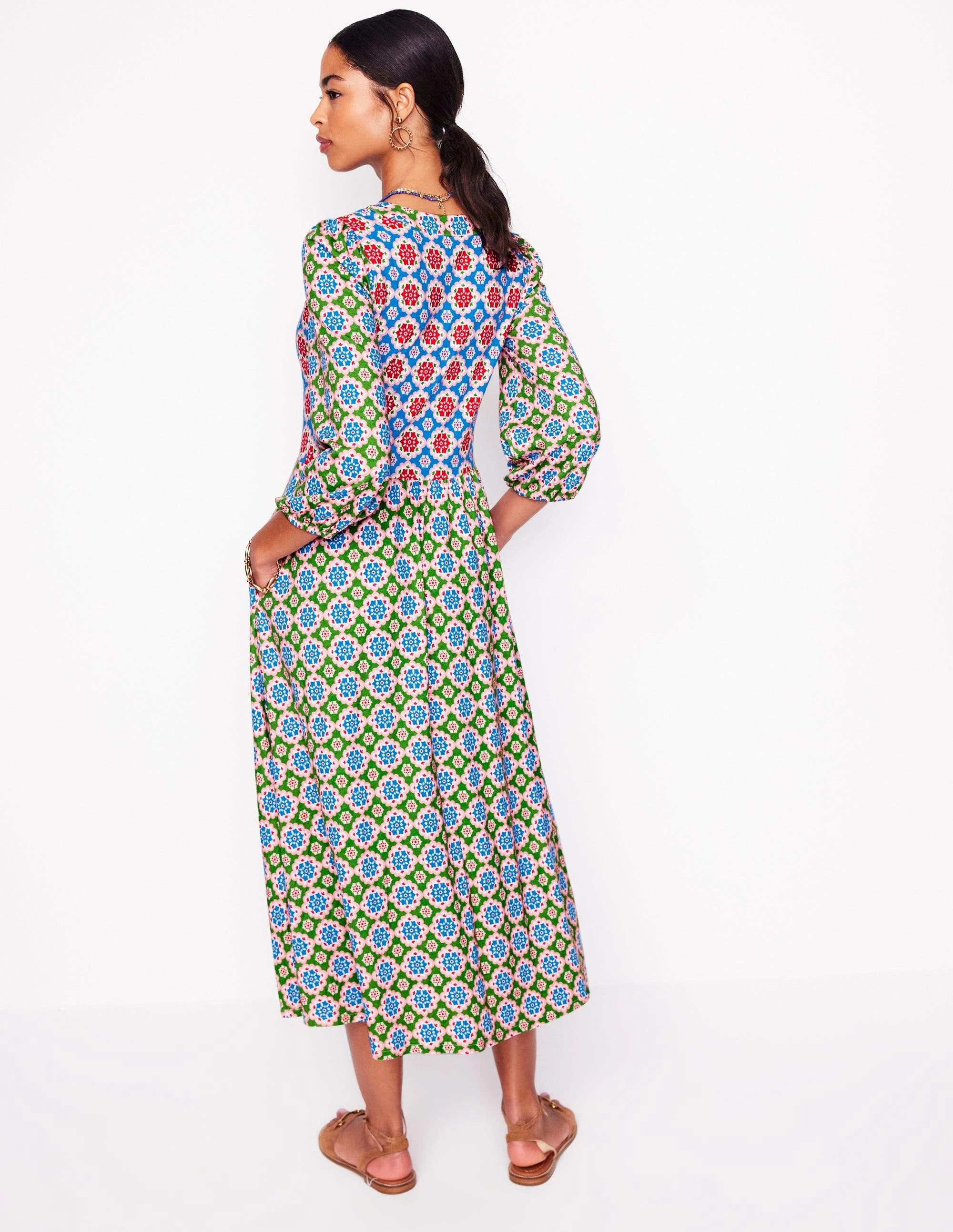 Notch Neck Midi Dress-Multi. Bloom Geo