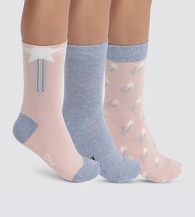 Pack of 3 pairs of children's socks with stars in Denim Pink Cotton Style