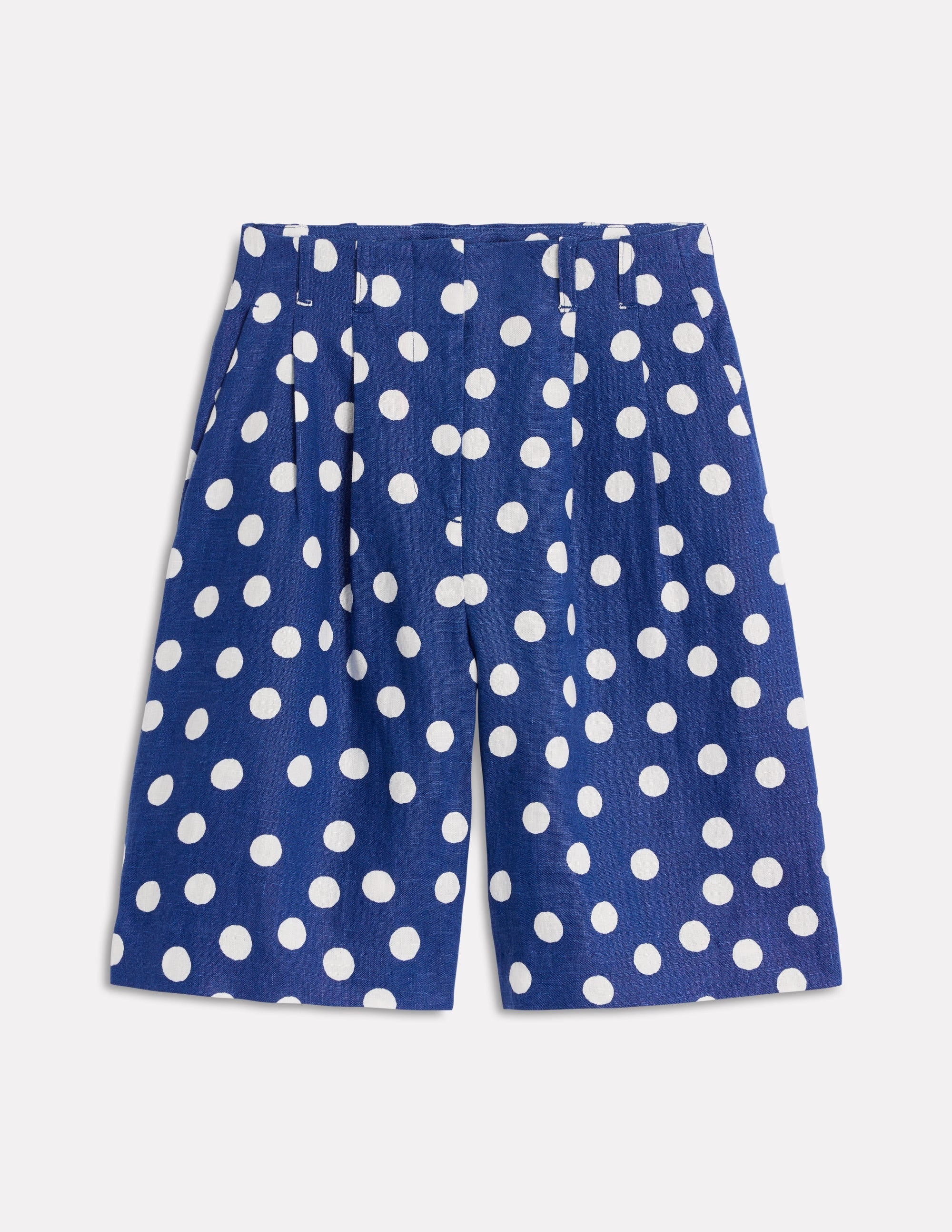 Pleat Linen Wide Leg Shorts-Navy Painted Dot
