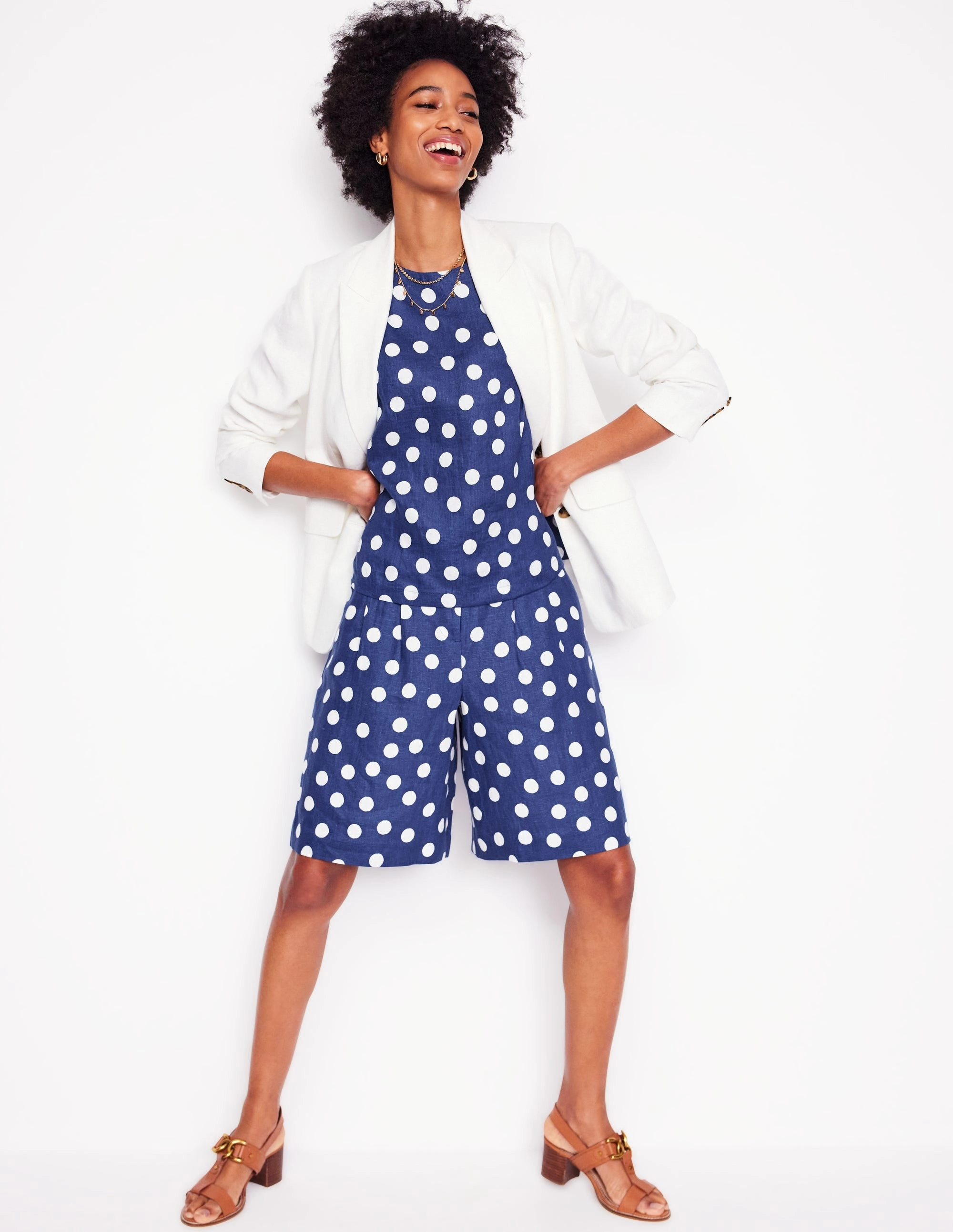 Pleat Linen Wide Leg Shorts-Navy Painted Dot