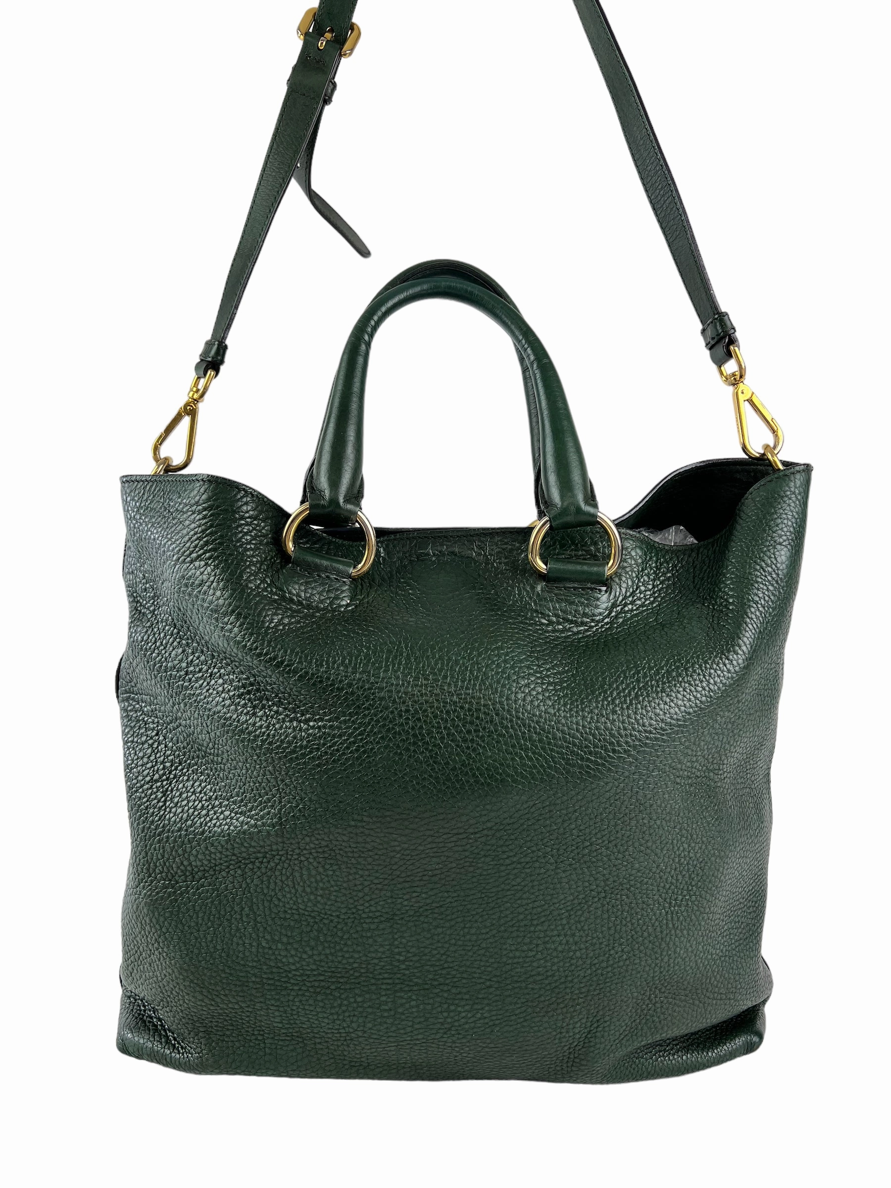 Prada Green Textured Leather Large Tote - with Crossbody Strap