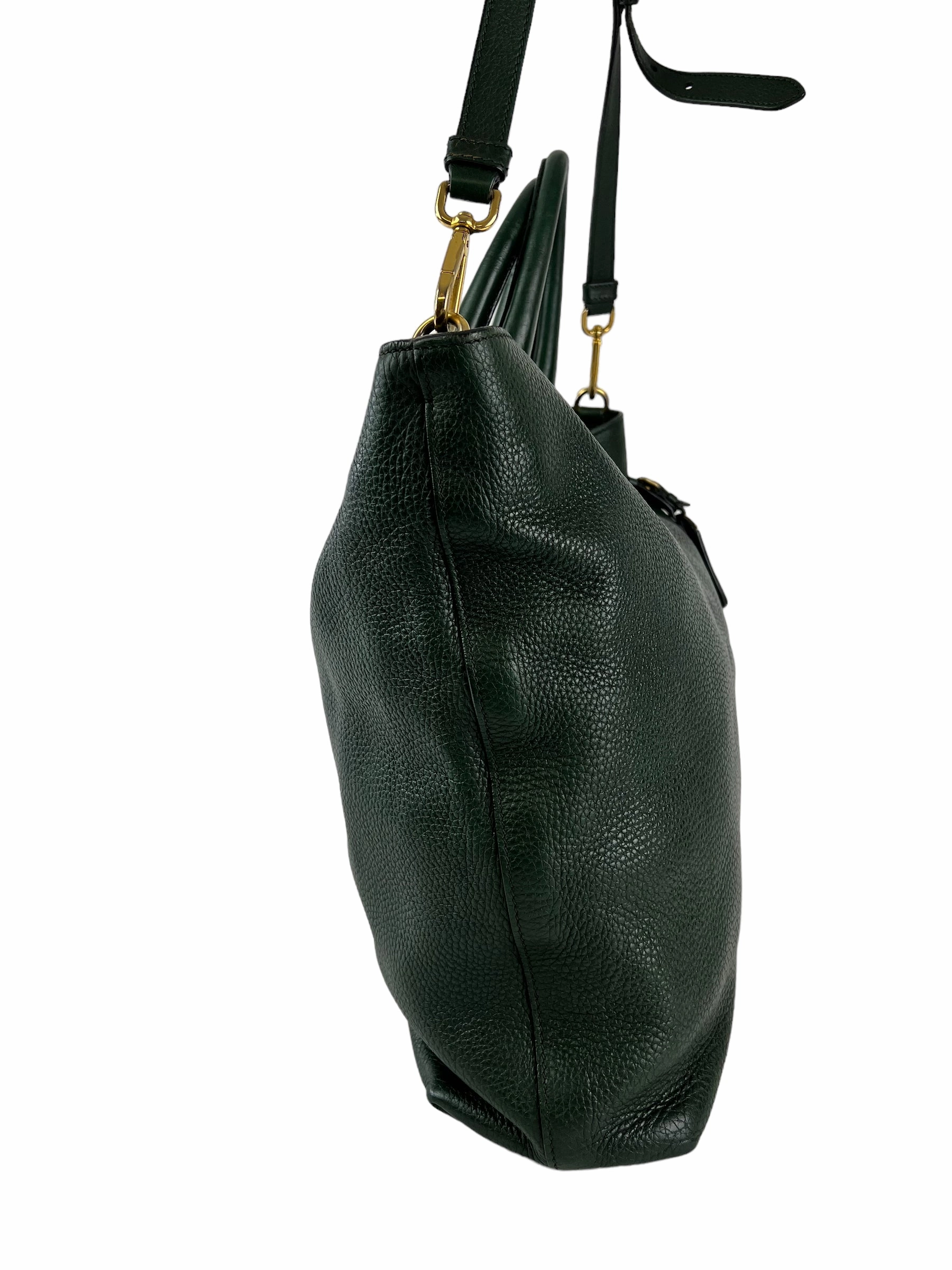 Prada Green Textured Leather Large Tote - with Crossbody Strap