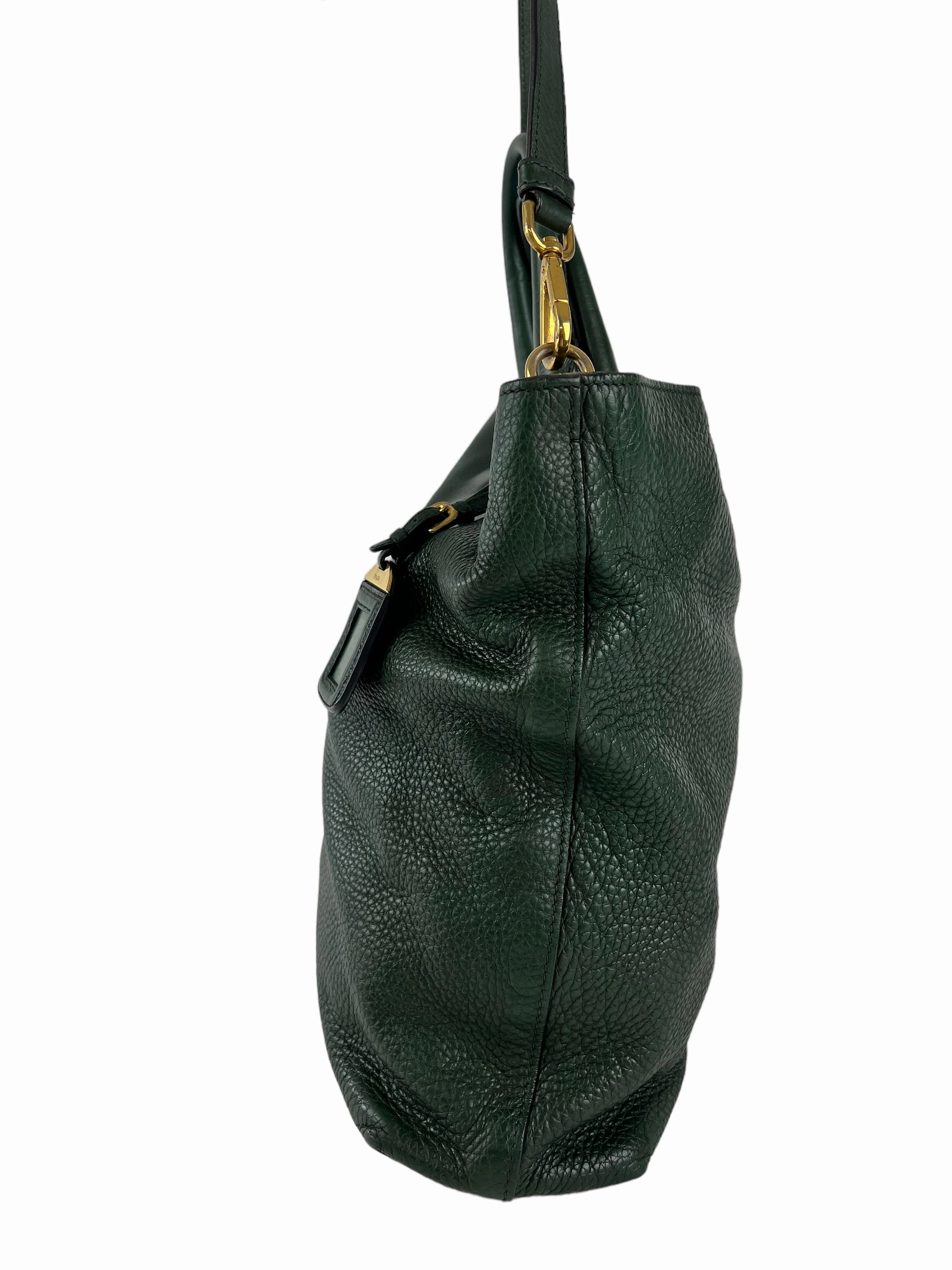 Prada Green Textured Leather Large Tote - with Crossbody Strap