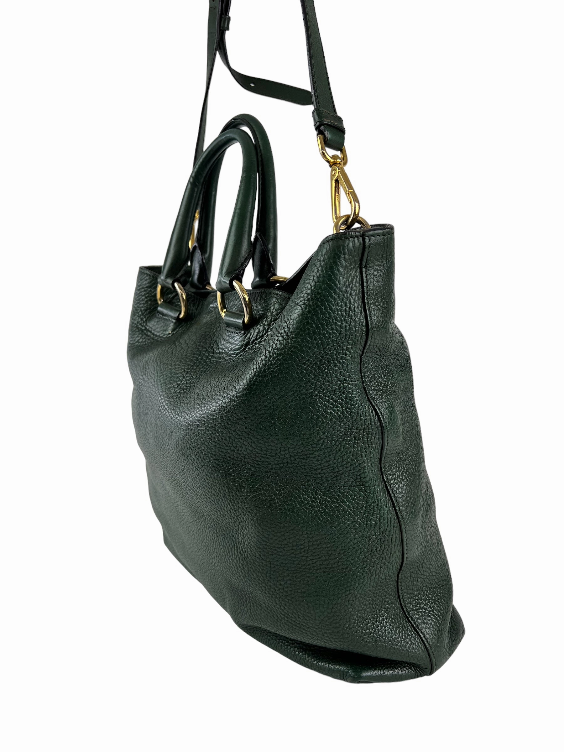 Prada Green Textured Leather Large Tote - with Crossbody Strap
