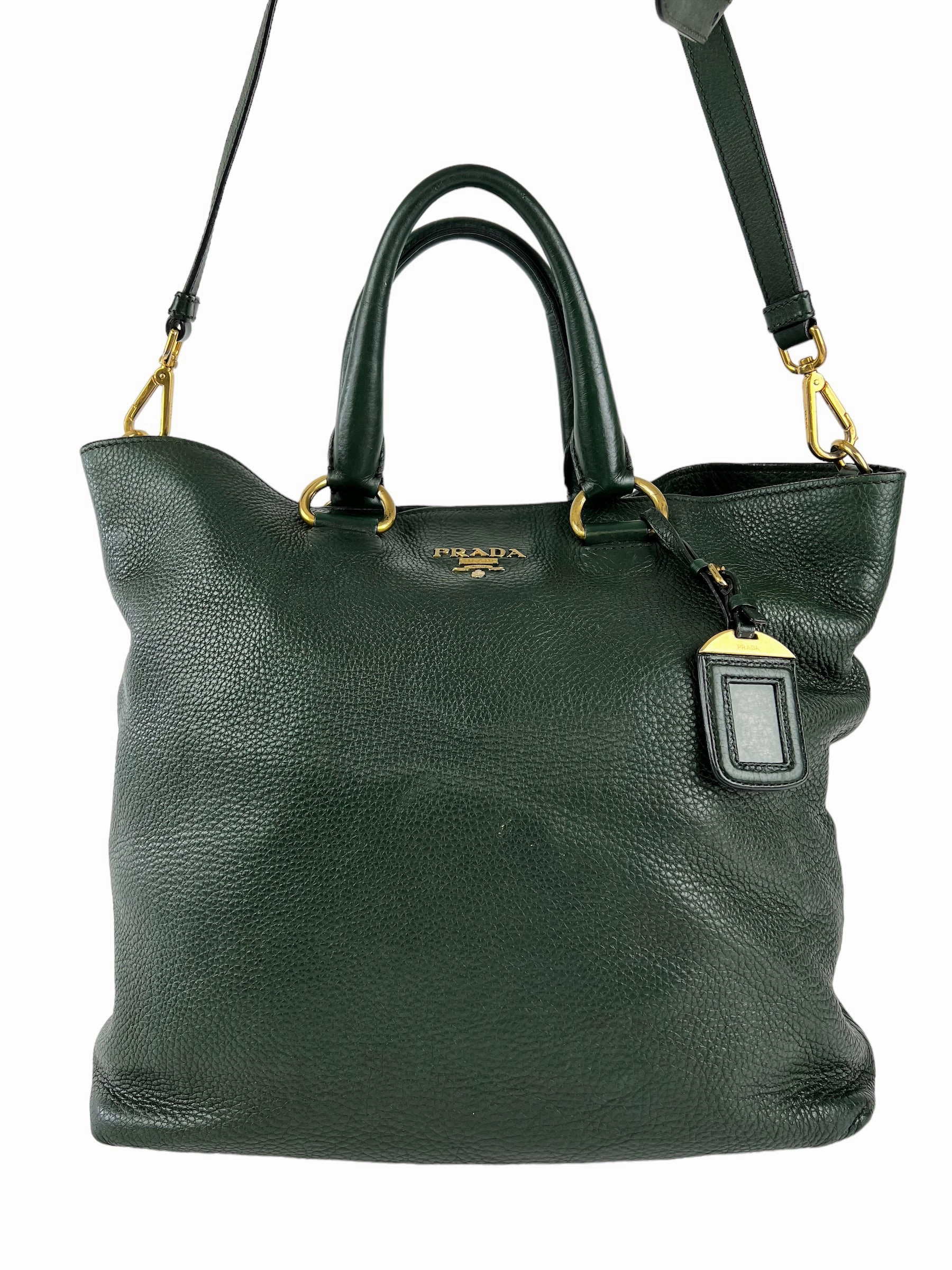 Prada Green Textured Leather Large Tote - with Crossbody Strap