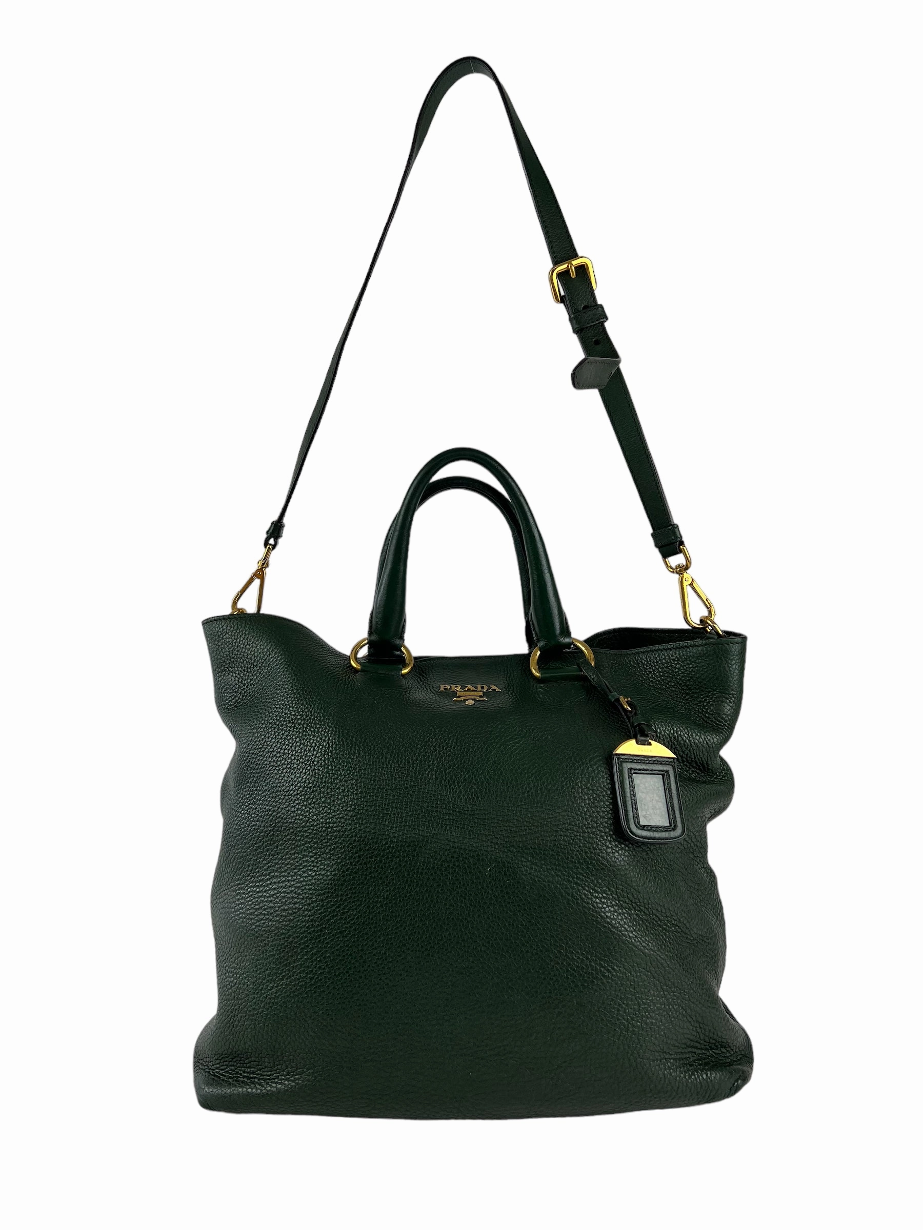 Prada Green Textured Leather Large Tote - with Crossbody Strap
