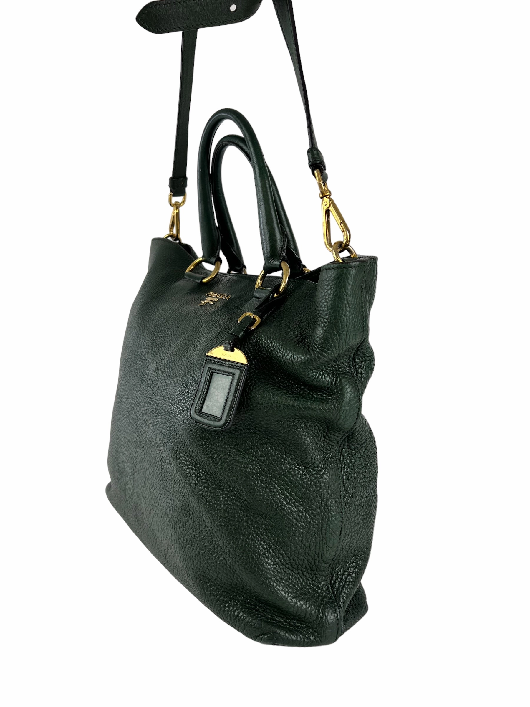 Prada Green Textured Leather Large Tote - with Crossbody Strap