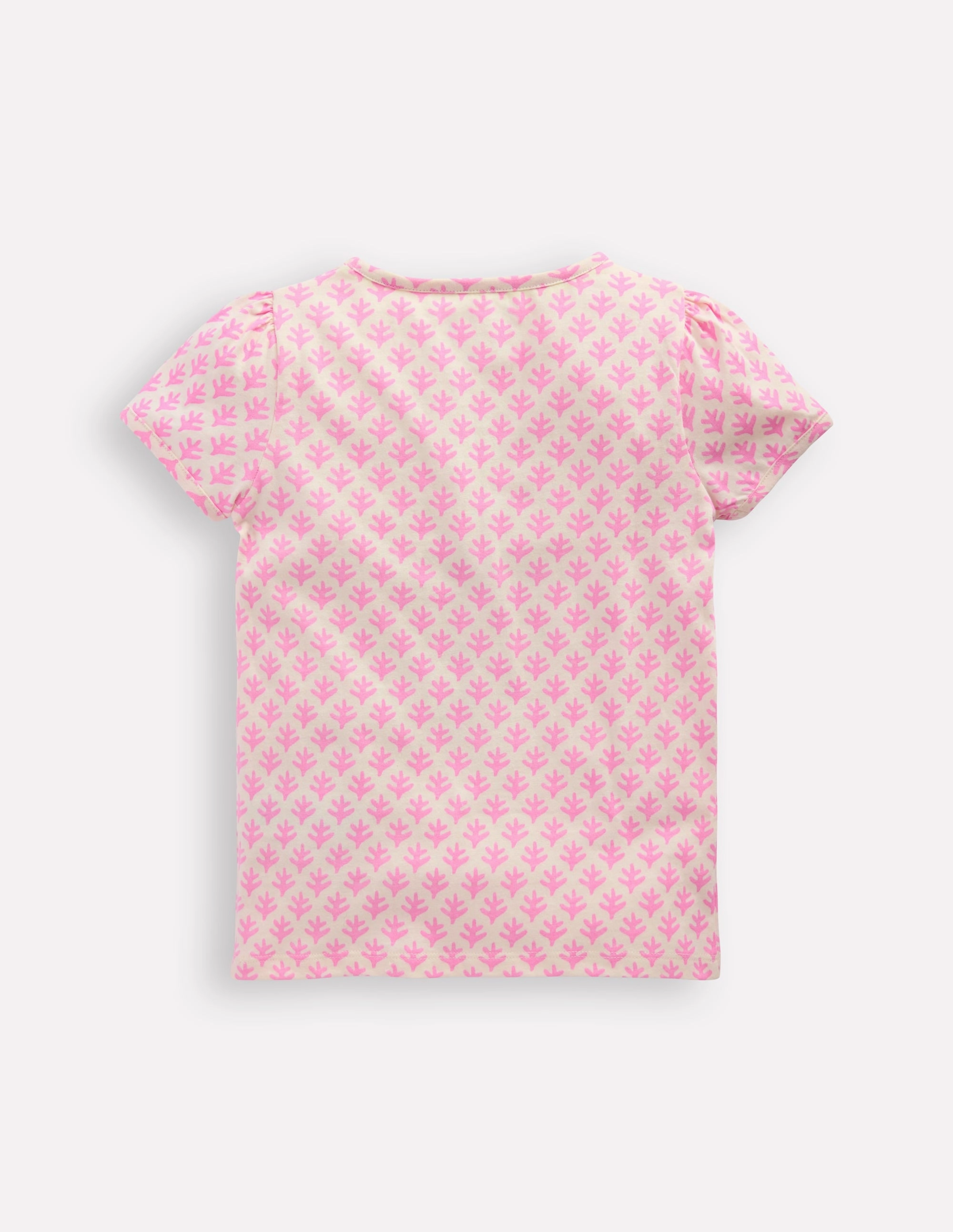 Puff Sleeve Superstitch Top-Pink Woodblock Seahorse