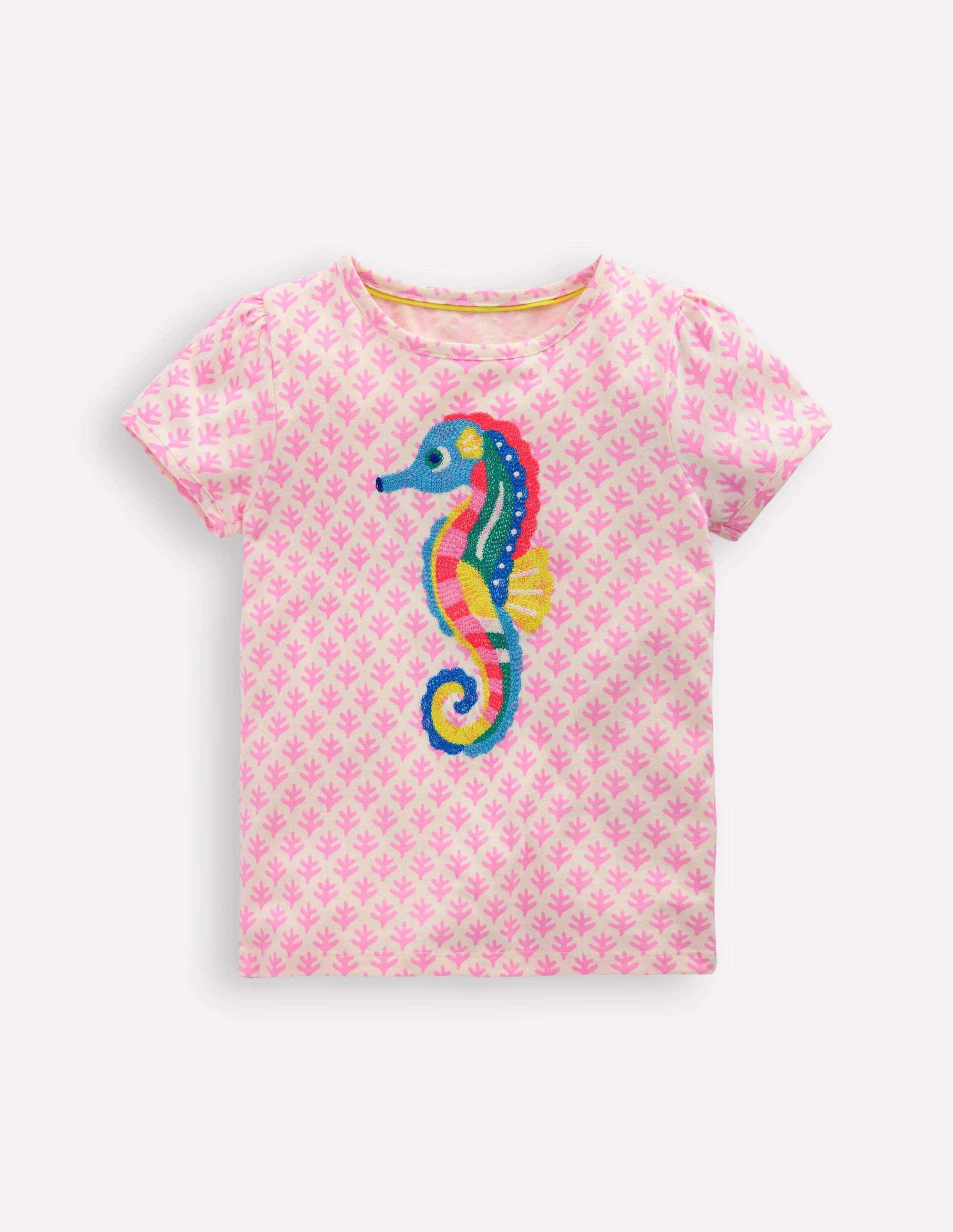 Puff Sleeve Superstitch Top-Pink Woodblock Seahorse