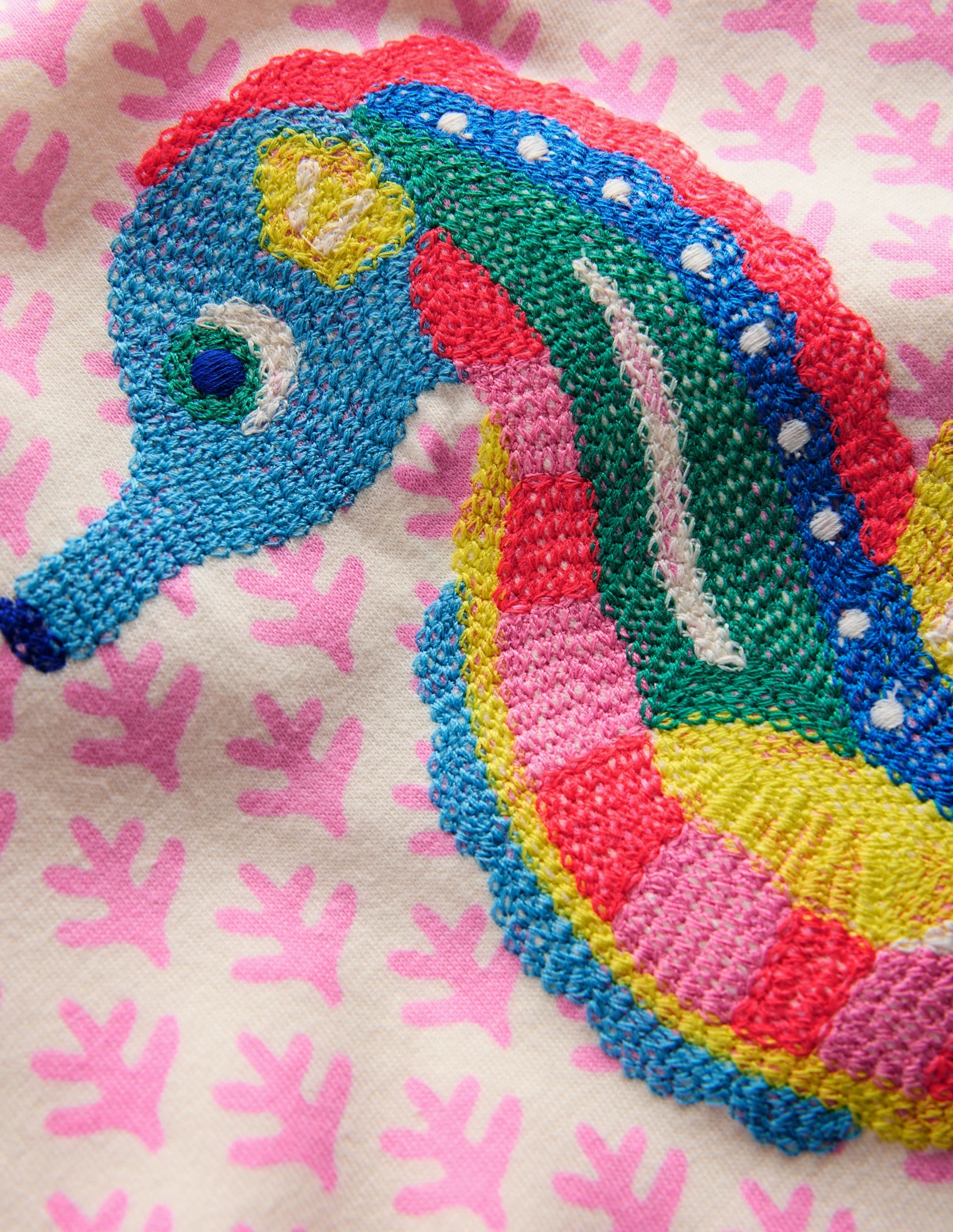 Puff Sleeve Superstitch Top-Pink Woodblock Seahorse