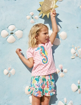 Puff Sleeve Superstitch Top-Pink Woodblock Seahorse