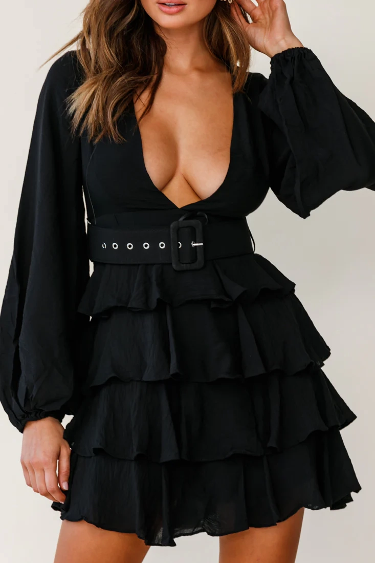 Queensland Balloon Sleeve Tiered Frill Belt Dress Black
