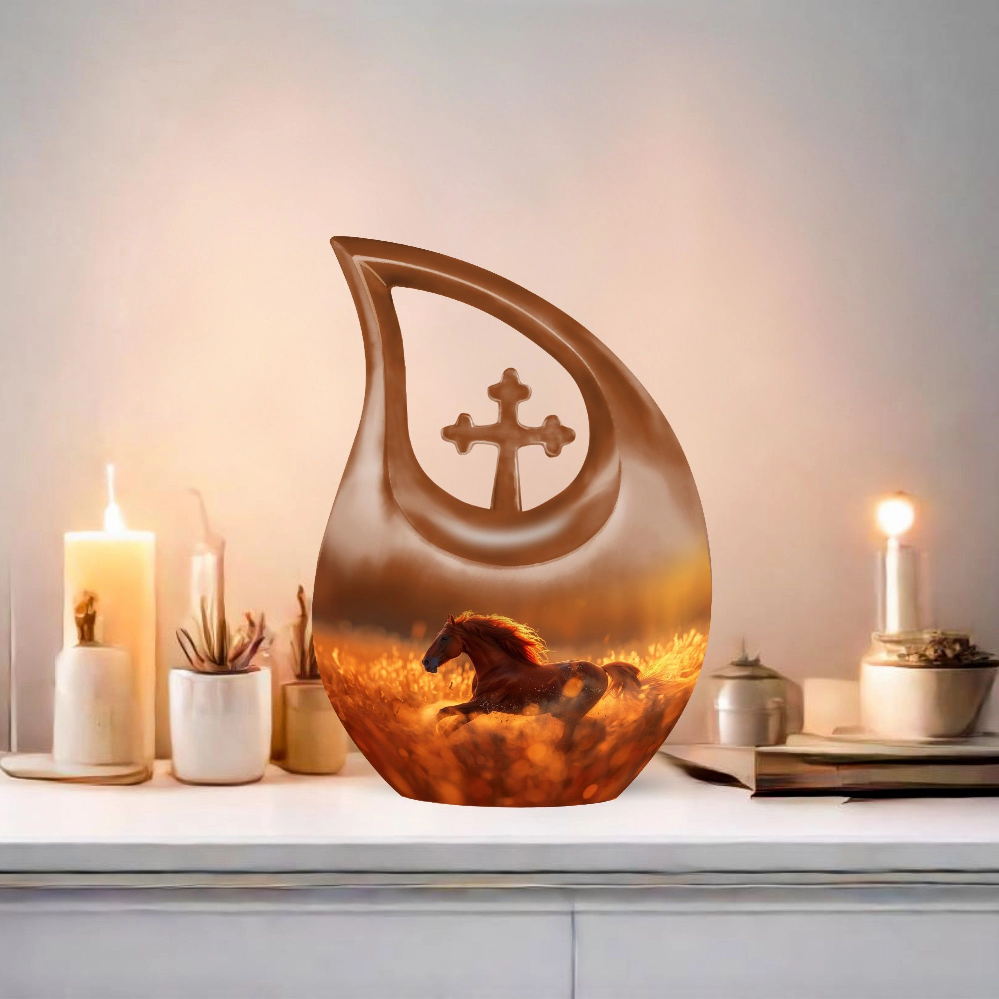 Running Horse Memorial Tribute: Cross Drop Cremation Urn