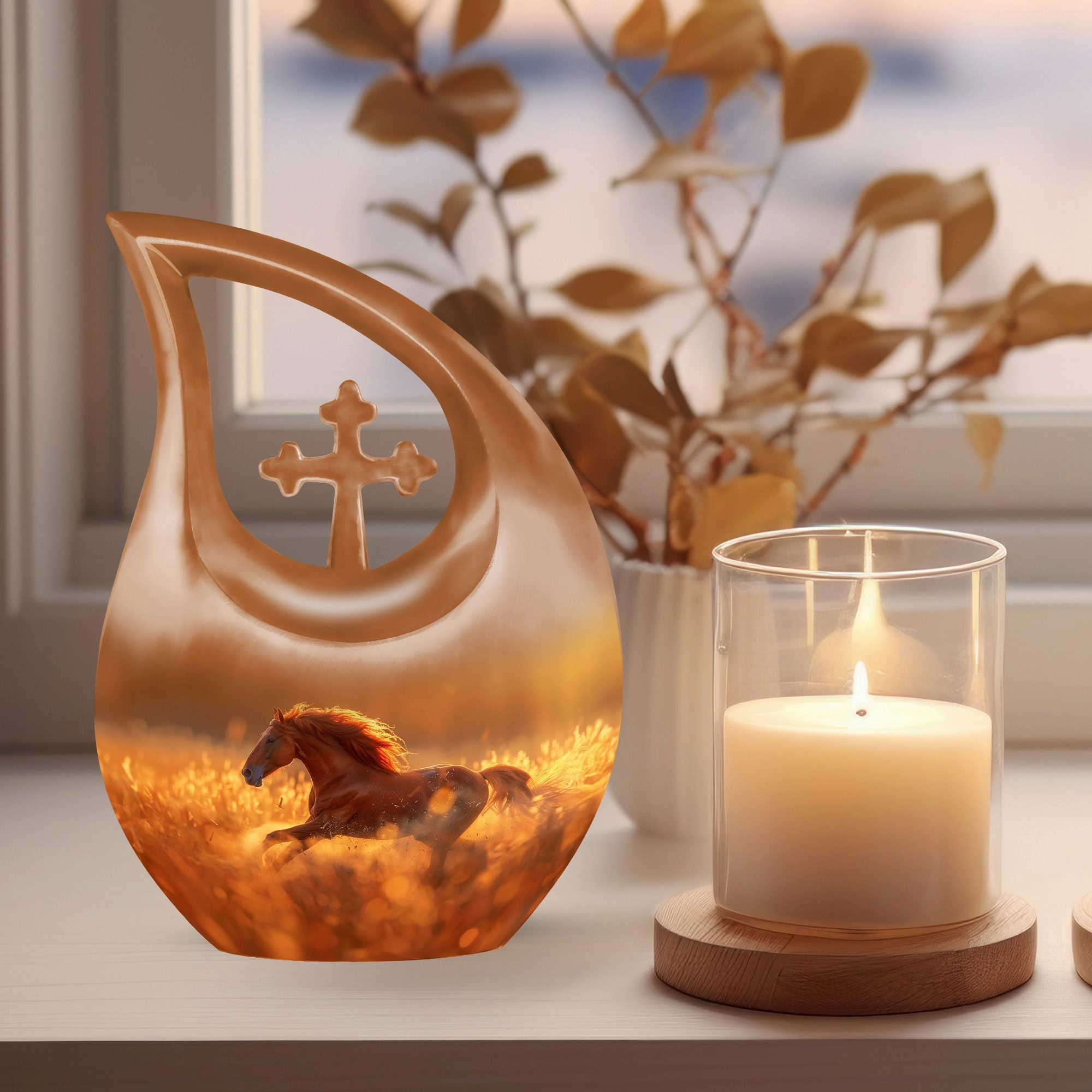 Running Horse Memorial Tribute: Cross Drop Cremation Urn