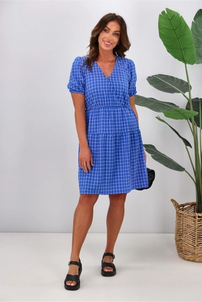 Shine On Label Tatiana Cross Over Tier Check Dress Blue
