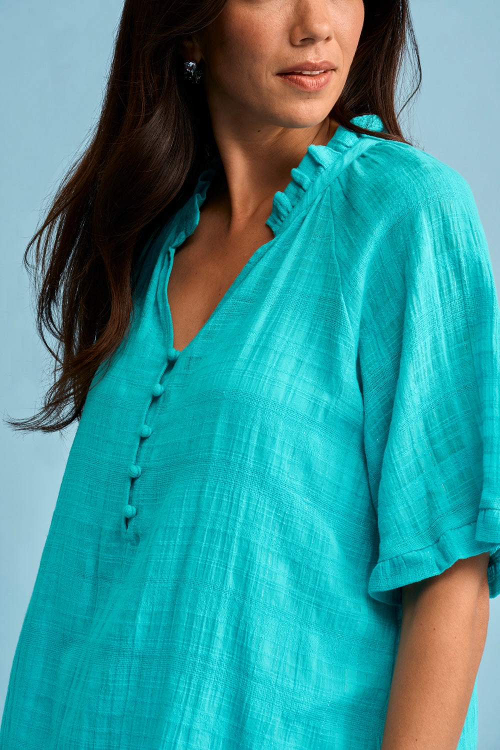 Textured Cotton Blouse - Turquoise