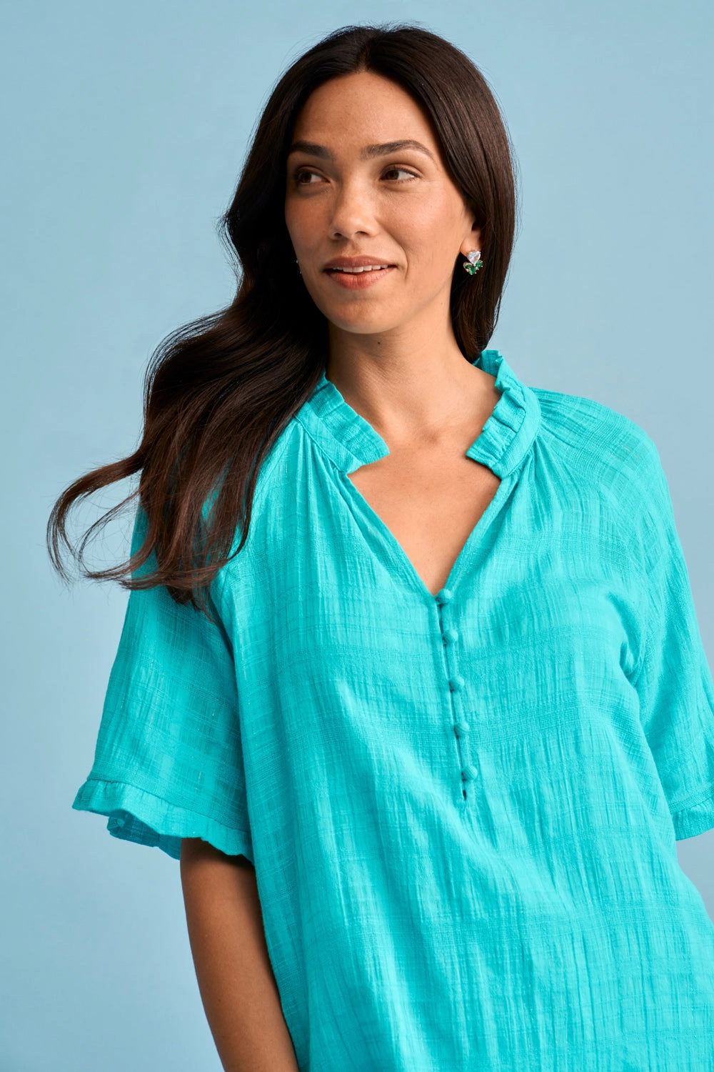 Textured Cotton Blouse - Turquoise