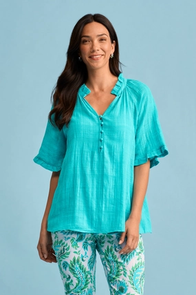 Textured Cotton Blouse - Turquoise