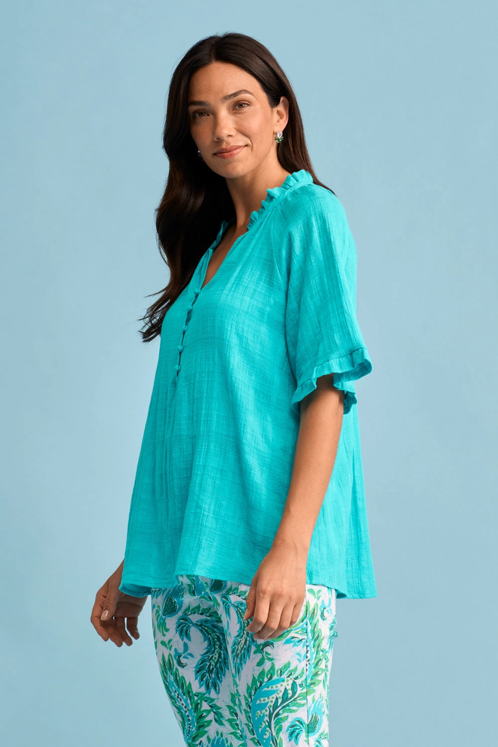 Textured Cotton Blouse - Turquoise