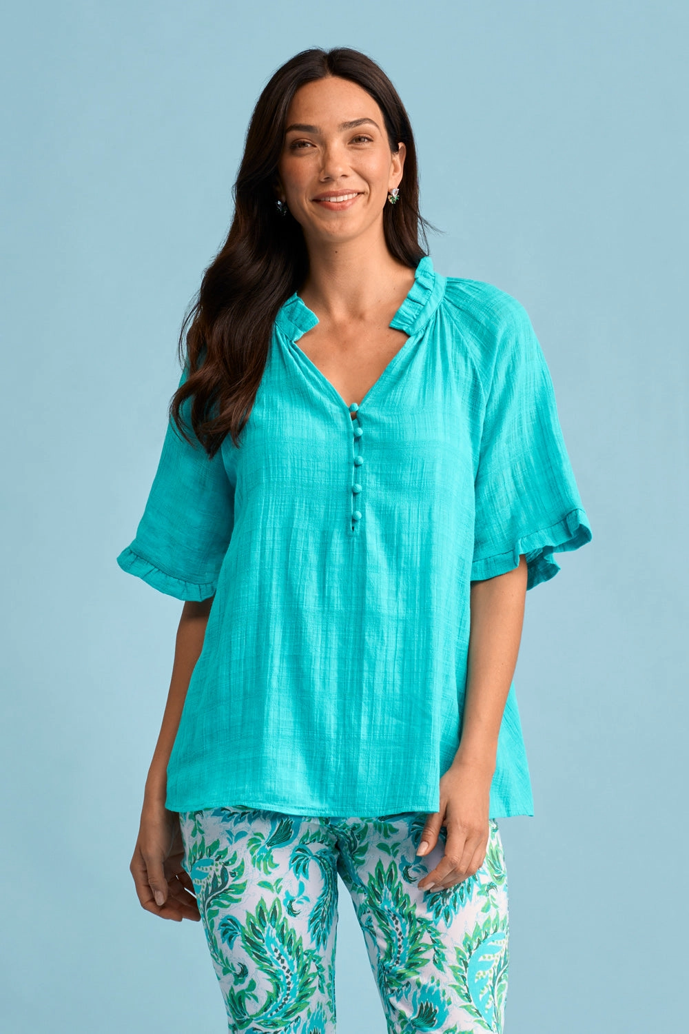 Textured Cotton Blouse - Turquoise