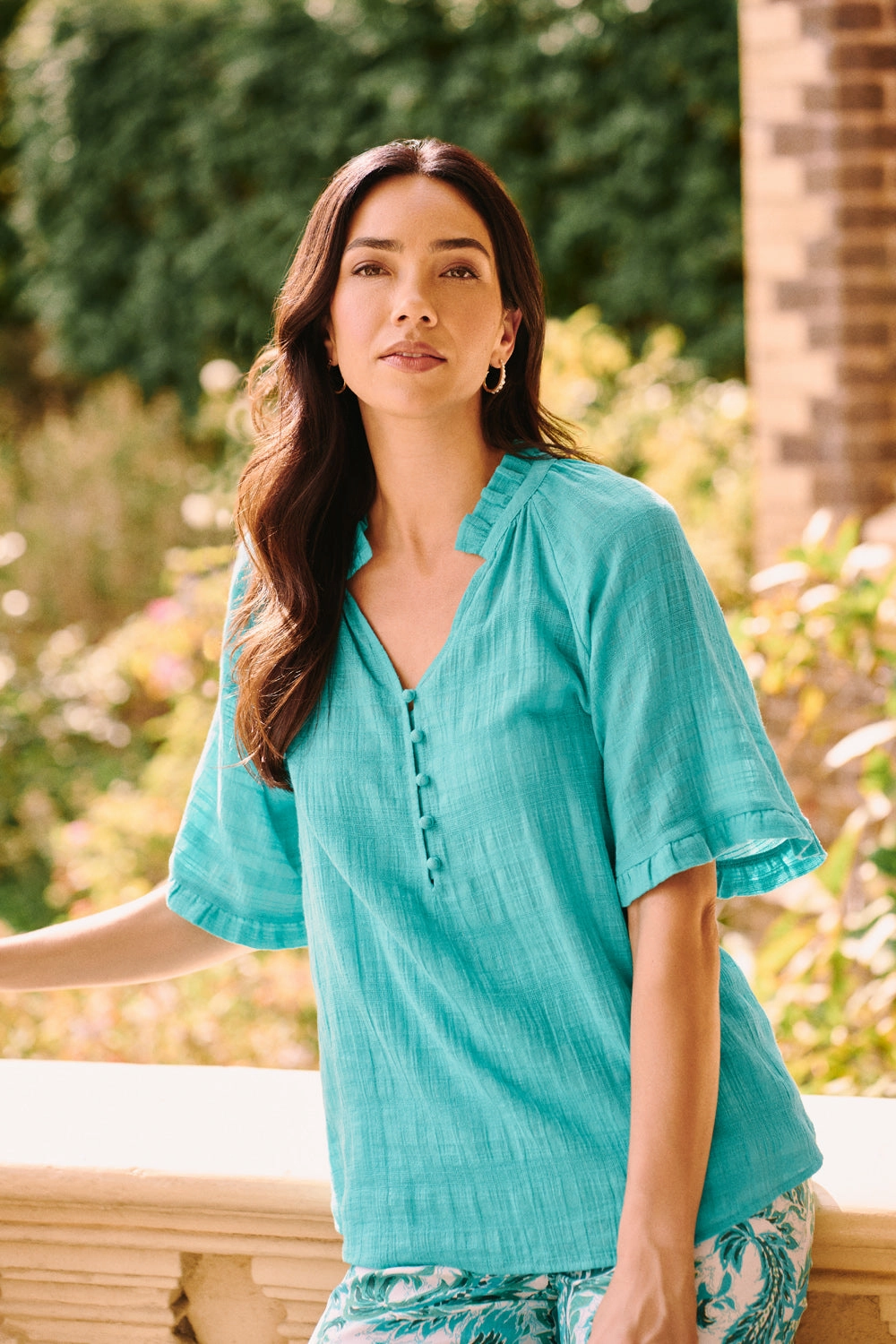 Textured Cotton Blouse - Turquoise