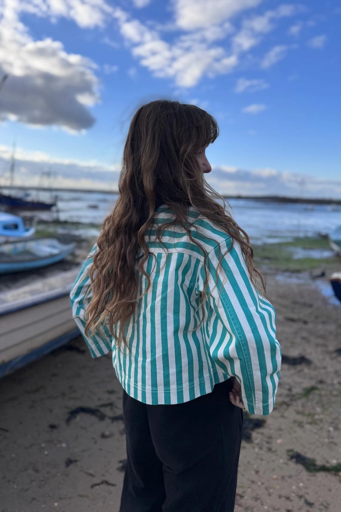 The Tiny Big Sister Striped Cropped Off White/Emerald Jacket