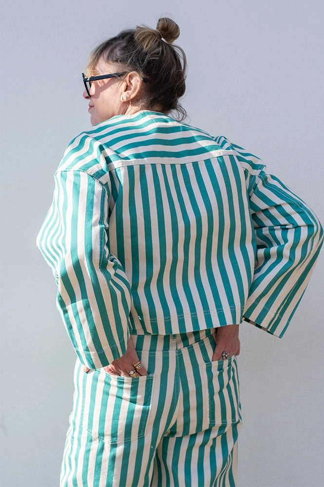 The Tiny Big Sister Striped Cropped Off White/Emerald Jacket